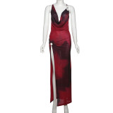 Sexy Backless Print V Neck Split Maxi Dress XEF-K24D62840
