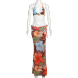 Sexy Tie Up Print Bikinis+Long Skirts 3 Piece Swimsuit XEF-K25S62606