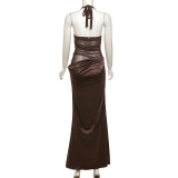 Solid Color Halterneck Backless Maxi Dress XEF-K24D55979