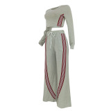 Stripe Patchwork Long Sleeve Pants Sports Suit FENF-6041