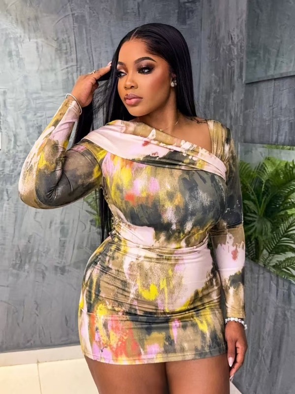 Long Sleeve Print Sexy Mini Dress QOUY-6064