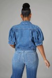 Plus Size Half Puff Sleeve Denim Jacket XCFF-1066