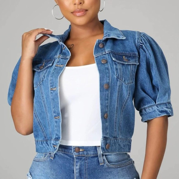 Plus Size Half Puff Sleeve Denim Jacket XCFF-1066