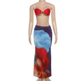 Solid Color Wrap Chest Print Long Skirts Suit XEF-K24S66581