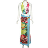 Sexy Backless Print Tops Split Long Skirt Suit XEF-K25S71976
