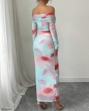 Print Off Shoulder Long Sleeve Maxi Dress GXIN-8853