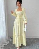 Solid Color U Neck Lace Patchwork Maxi Dress GXIN-8854