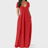 Plus Size Deep V Neck Solid Color Loose Maxi Dress ZDF-31398