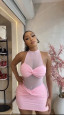 Mesh Sleeveless Halterneck Bodycon Dress GXIN-8862