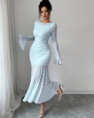 Solid Color Flare Long Sleeve Fishtail Dress GXIN-8857