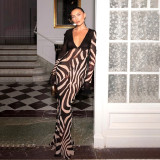 Contrast Color Print V Neck Mesh Maxi Dress XEF-K25D76501