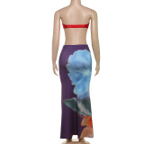 Solid Color Wrap Chest Print Long Skirts Suit XEF-K24S66581