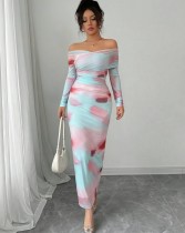 Print Off Shoulder Long Sleeve Maxi Dress GXIN-8853