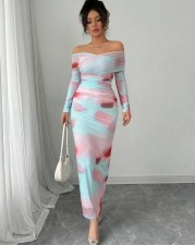 Print Off Shoulder Long Sleeve Maxi Dress GXIN-8853