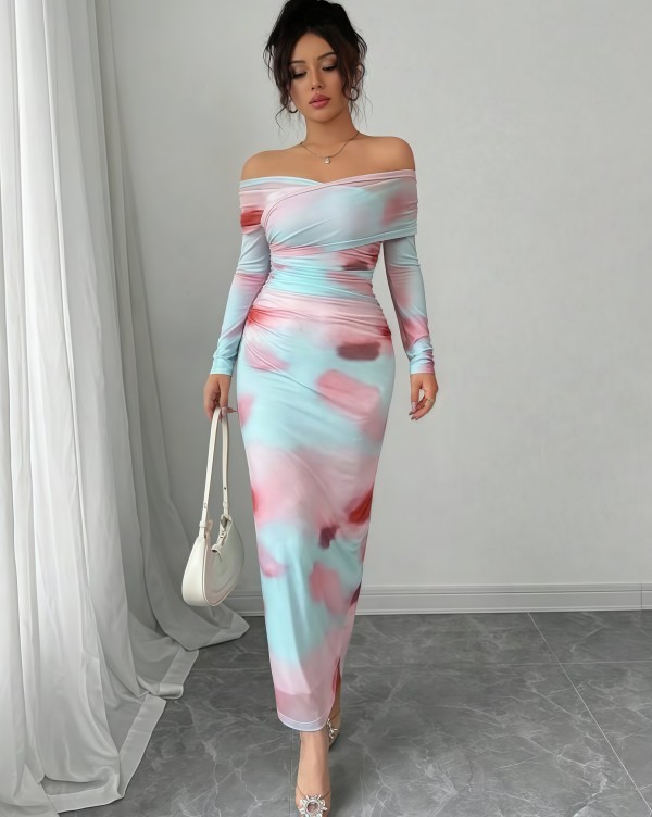 Print Off Shoulder Long Sleeve Maxi Dress GXIN-8853