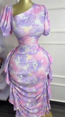 Puff Sleeve Slash Neck Ruffles Bodycon Dress GXIN-8859