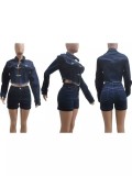 Long Sleeve Denim Coat Two Piece Shorts Set XCFF-6327