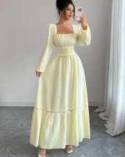 Solid Color U Neck Lace Patchwork Maxi Dress GXIN-8854