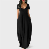 Plus Size Deep V Neck Solid Color Loose Maxi Dress ZDF-31398