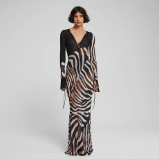 Contrast Color Print V Neck Mesh Maxi Dress XEF-K25D76501