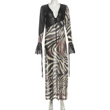 Contrast Color Print V Neck Mesh Maxi Dress XEF-K25D76501