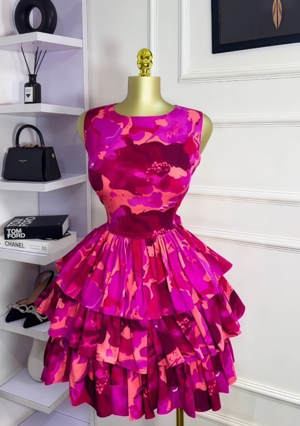 Sleeveless O Neck Pleated Cake Dress GXIN-8860