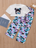 Kids Girl Cartoon Print T Shirt Camouflage Print Pants Suit GYMF-YM160