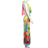 Sexy Backless Print Tops Split Long Skirt Suit XEF-K25S71976
