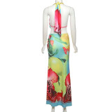 Sexy Backless Print Tops Split Long Skirt Suit XEF-K25S71976