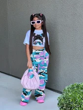 Kids Girl Cartoon Print T Shirt Camouflage Print Pants Suit GYMF-YM160