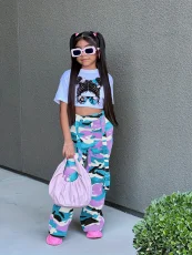 Kids Girl Cartoon Print T Shirt Camouflage Print Pants Suit GYMF-YM160