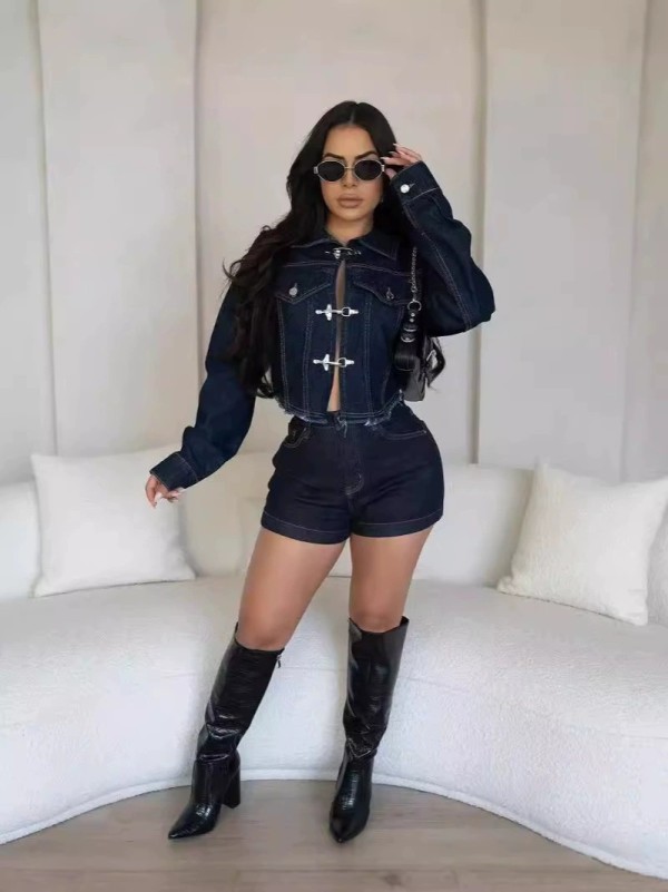 Long Sleeve Denim Coat Two Piece Shorts Set XCFF-6327