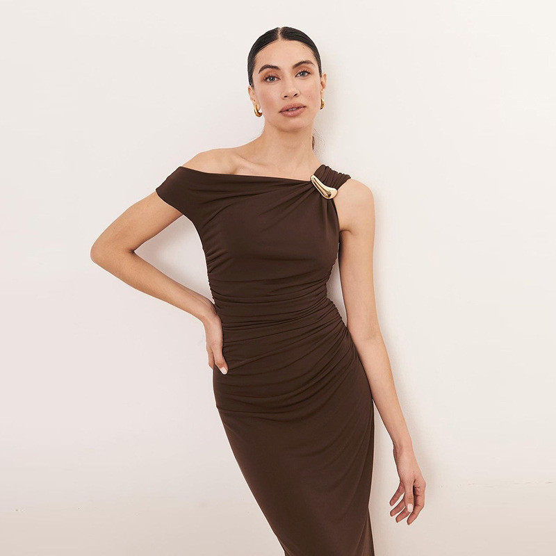solid slash neck maxi dresses Boat Neck Solid Color Sleeveless Pleated Cinch Waist Formal Maxi Dresses -Blue