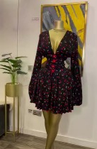 Sexy Deep V Neck Tie Up Pleated Mini Dress GXIN-8855