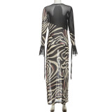 Contrast Color Print V Neck Mesh Maxi Dress XEF-K25D76501