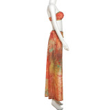 Sexy Print Wrap Chest Split Bikinis Long Skirt 3 Piece Swimsuit XEF-K25S66054