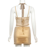 Bright Silk Halter Backless Top Skirt Three-piece Set XEF-K25S66038