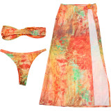 Sexy Print Wrap Chest Split Bikinis Long Skirt 3 Piece Swimsuit XEF-K25S66054