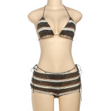 Halterneck Tie-side Striped Bikini Three-Piece Swimsuit XEF-K25S67371