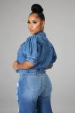 Plus Size Half Puff Sleeve Denim Jacket XCFF-1066