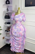 Puff Sleeve Slash Neck Ruffles Bodycon Dress GXIN-8859