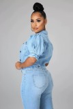 Plus Size Half Puff Sleeve Denim Jacket XCFF-1066