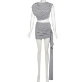Solor Color O Neck Crop Top Two Piece Skirt Set XEF-K25S66470