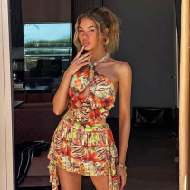 Halterneck Tie Up Backless Print Mini Dress XEF-K25D75503