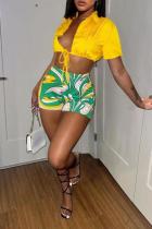Fashion Print Tie Up Shirt Shorts 2 Piece Set GXBQ-1124224