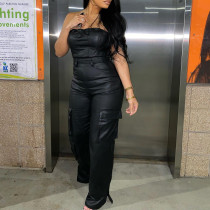Off Shoulder Wrap Chest PU Leather Jumpsuit GXBQ-1141839