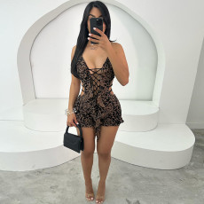 Print Hollow Out Tie Up Skinny Romper GXBQ- K24Q60762