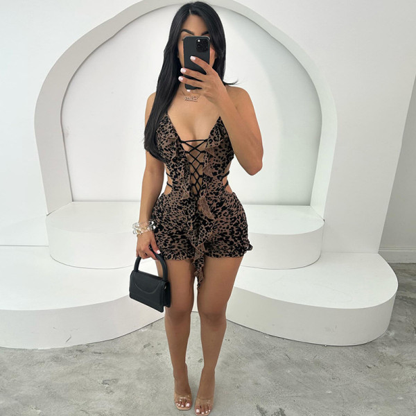 Print Hollow Out Tie Up Skinny Romper GXBQ- K24Q60762