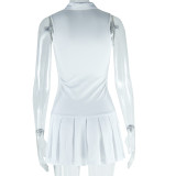 Sleeveless Zipper Lapel Pleated Mini Dress GJYO-JD301010