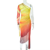 Color Block Pleated Irregular Maxi Dress GJYO-JD302607
